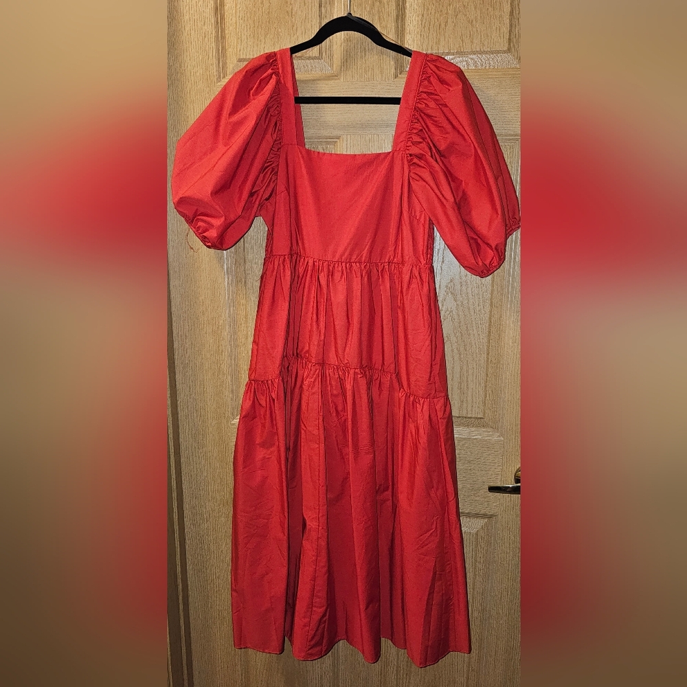 Red Puff-Sleeve Tiered Midi Dress, Square Neck